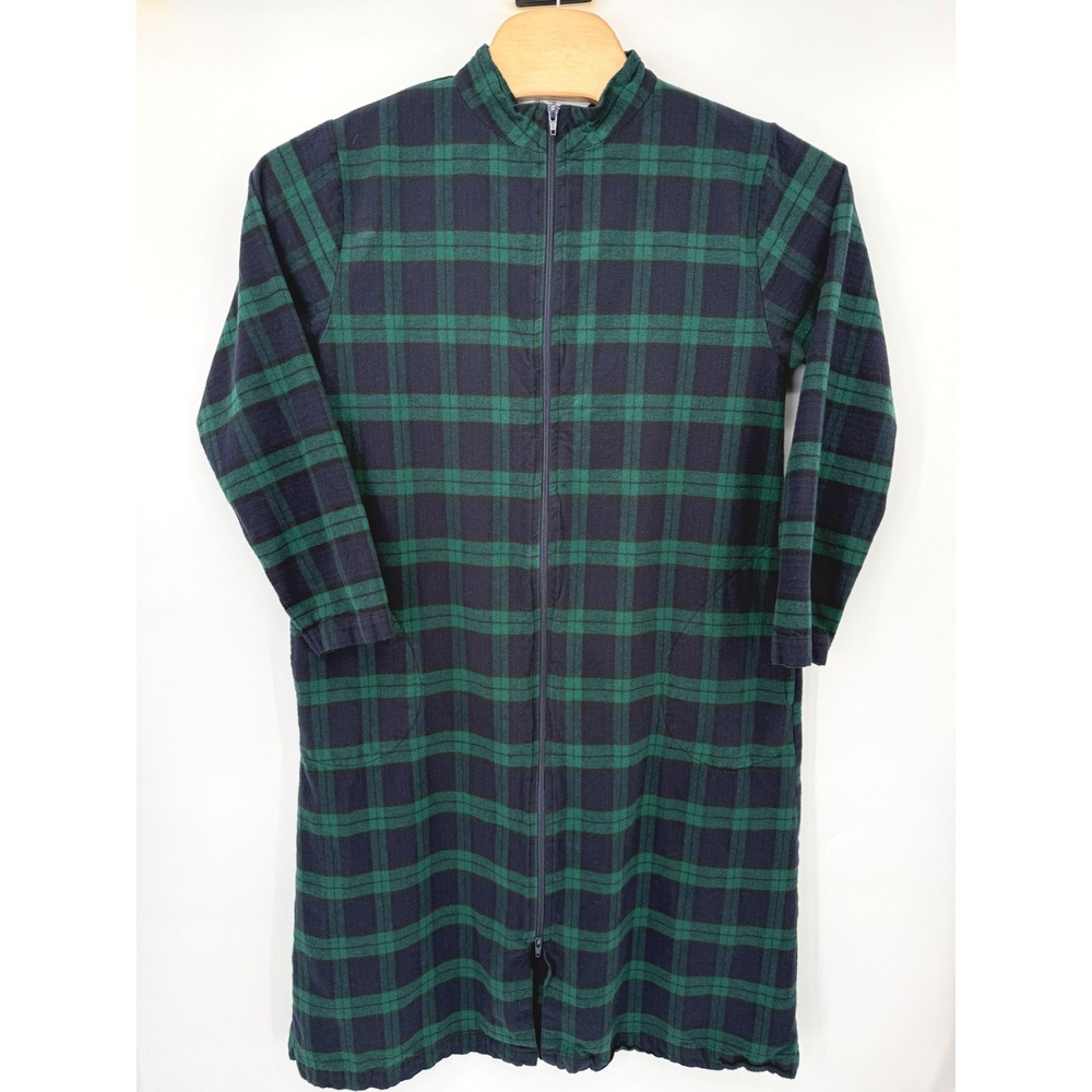 Vermont Country Store Nightshirt Men M Green Black Watch Plaid‎ Flannel Zip Robe